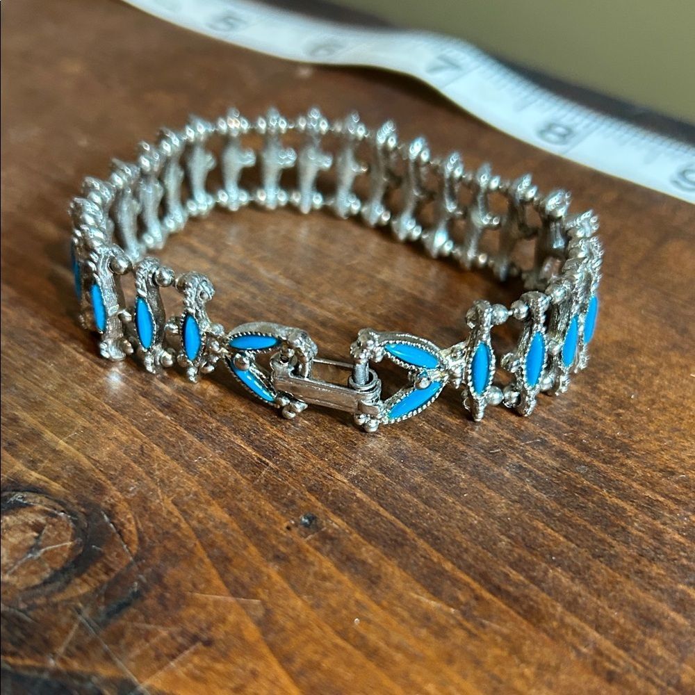 Vintage Zuni Style Faux Turquoise Needle Tennis Bracelet Silver Tone Boho Chic